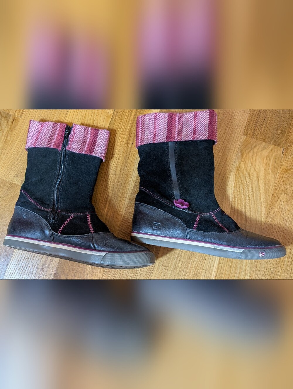 Keen Magalia Girls Black and Pink Suede Mid-Calf Boots with Fold-Over Cuff